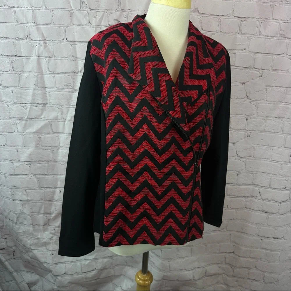 chico's Chevron Jacquard Moto Jacket sz 2 (large 12) cotton blend red black